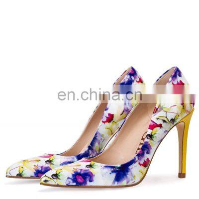 Multi color new printing design handmade women high heels pointed toe heel ladies court shoes sandals