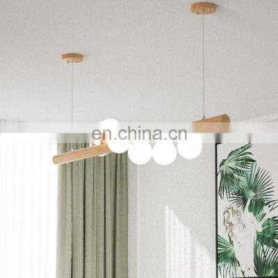 2022 New Design Nordic Modern Long Wooden Glass Ball Pendant Light for Home Restaurant Decoration Chandelier