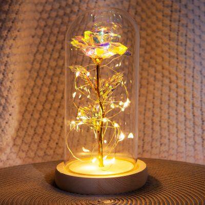Artificial Enchanted Golden Rose Led Lamp 24k Gold Foil Rose In Glass Dome Decorative Flowers With Lights Valentine's Day Gifts