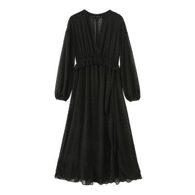 European and American style new deep V-neck semi transparent sexy long sleeved dress