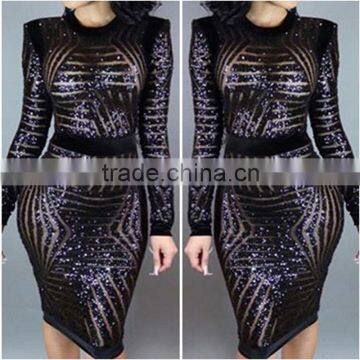 Womens Sexy Gold Sequin Bodycon Dress Long Sleeve Club Dress photo-4