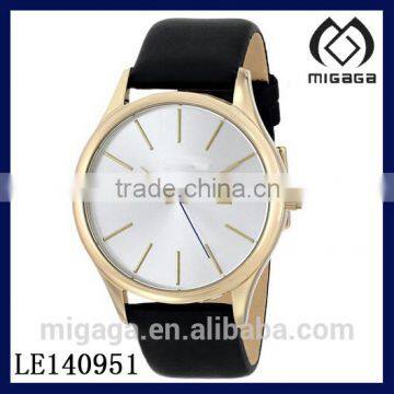 Fashion light gold 14K plating steel case watch*Mens Gold Stainless Steel Black Leather Strap Watch