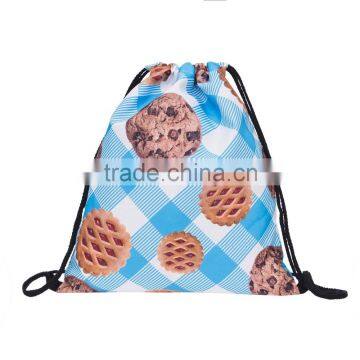 High Quality 3D Printed Cookie Blue Grid Kids Ecobag Drawstring Bag