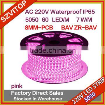VT 100M PINK 220V LED Strip SMD 5050 60LED/M Waterproof IP67 8MM Width with One Set Free AC Plug Cable High Brightness