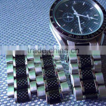 Carbon watch band. Replacement watch strap. Genuine leather. Silver Buckle