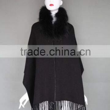 New fashion style double side Knitted Cashmere shawl with raccoon fur collar