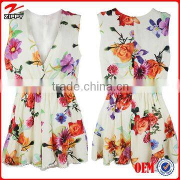 Women Floral Print Jumpsuit, Deep V Neck Printed Romper With Ruffles Hem