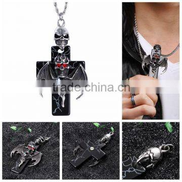 High Quality Stainless Steel Pendant Skull Wing Fly Design Stainless Steel Skull Cross Necklace Pendant With Chain