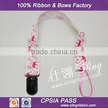 Hot Sale Printed Ribbon Baby Pacifier Holder With Plastic Clip