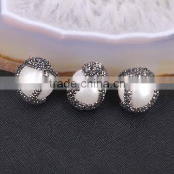 Round Freshwater Pearl Beads with Rhinestone, Mother Of Pearl Stone For Jewelry Making