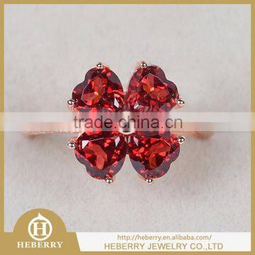 Red garnet silver rings clover shape for lucky