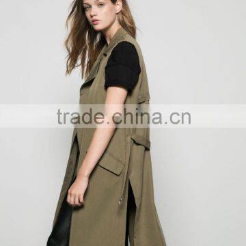 Girls khaki long vest belted sleeveless GuangZhou women clothes 2016