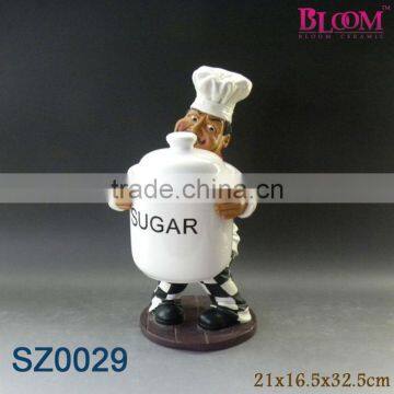 Resin chef with ceramic sugar pot for kitchen decoration