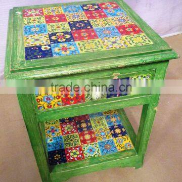 Green Color 1 Drawer with Tile Fitting Wooden Square Stool