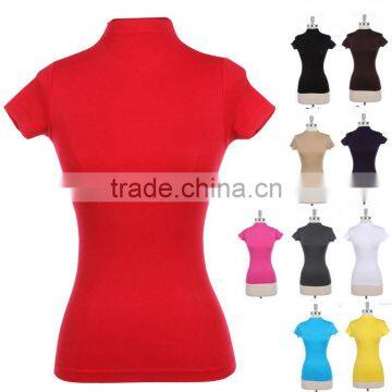 Crop Tank Top Plain Mock Neck Turtle Neck Top Solid Basic Cap Sleeve T-shirt Wholesale Custom Made in China