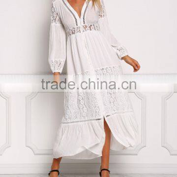Off White Lace Trim Button Down Maxi Dress Long Frock Design HSd5221 photo-2