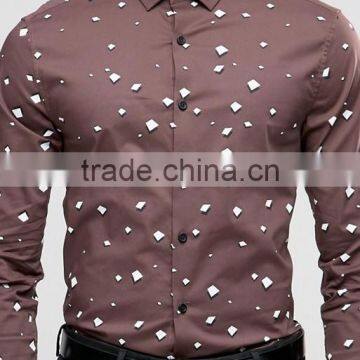 Long Sleeve Spread Collar Mens Pre-Shrunk 97% Cotton 3% Elastane Breathable Slim Fit Casual Brown Printing Shirts photo-3