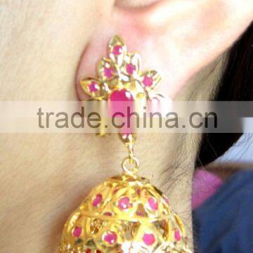 JADAU GOLD PLATED Dangler RUBY JHUMKA TEMPLE EARRINGS