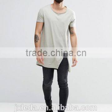 China suppliers custom men summer fashion 100% cotton raw scoop neck split hem long line t-shirt