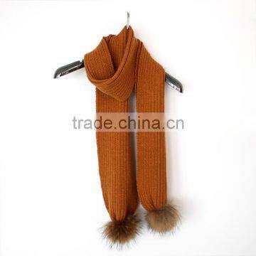 Myfur Factory Wholesale Wool Rib Knit Scarf with Raccoon Fur Pompoms