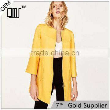 2017 OEM New Style Elegant Thin Pure Color Yellow Spring Autumn Long Coat