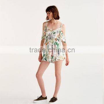 2017 Sexy V-neck and Bare Shoulder Ladies Short Floral Printed Jumpsuit photo-2