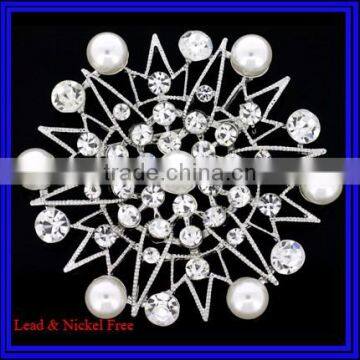 Fashion Dainty Bridal Large Silver Pearl And Crystal Snowflake Brooch