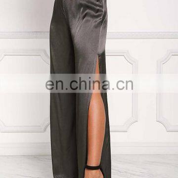 China Product Hot Sale Dark Olive Silky Side Slit Slacks Women Long Maxi Pants photo-3