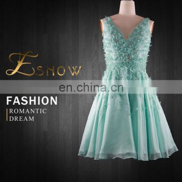 2016 New Design Sexy V-Neck Sleeveless Beaded Applique Evening Dress for Ladies