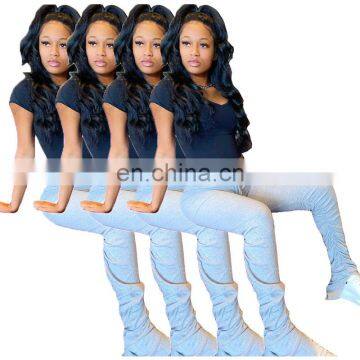 2020 Elastic Summer Stacked Leggings High Waist Sweatpants Women Joggers Bell Bottom Trouser Split Hem Flare Ruched Pant photo-6