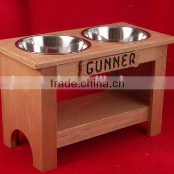Custom Logo Red Stain Color Solid Wooden Pet Feeder,double Bowl Wooden Pet Feeder
