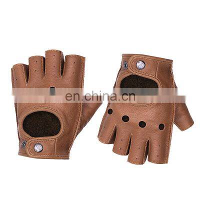 HANDLANDY Brown Durable Cowhide Leather Outdoor Sport Cycling Vibration-Resistant Mens Half Finger Motorcycle Driving Gloves