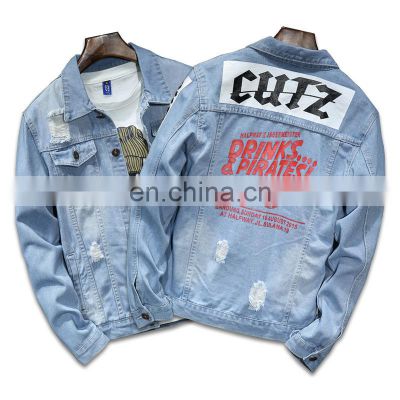 Streetwear Hip Hop Men's Spring Clothing Blue Distressed Jean Jacket Fashion Letter Print Plus Size Denim Jacket