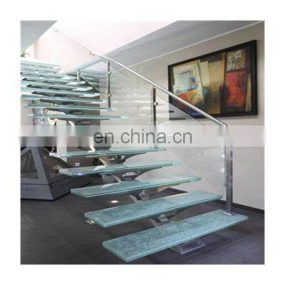 Contemporary Laminated Glass Tread Invisible Stringer Straight Stairs With Glass Railings