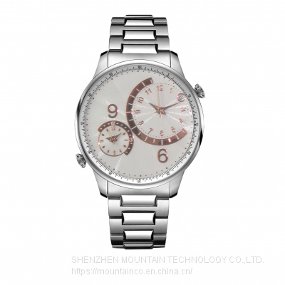 Stainless Steel Case Watches Man Genuine Leather Dual Time Quartz Watch