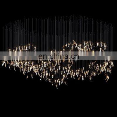 Customized large engineering hotel lobby art decoration chandelier, indoor rotating staircase LED long chandelier