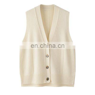 Custom Women's Winter Vest Woolen Cashmere Sleeveless Single-Breasted V-Neck Sweater with Embroidered Logo Button Decoration