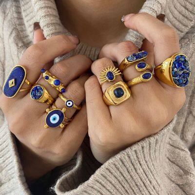 Gold Plated Stainless Steel Natural Stone Ring for Women Blue Irregular Gemstone Statement Ring Waterproof Hypoallergenic Jewelry photo-5