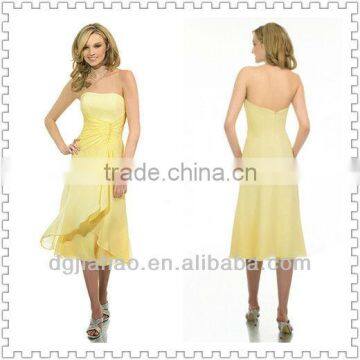 Tea Length Strapless Yellow Bridesmaid Dress 2013