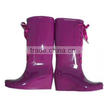 lace up ladies high heel boots,solid color PVC rain bootsladies high heel long boots