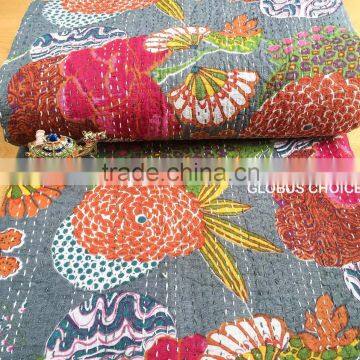 Indian Handmade Kantha Quilt Queen Bedspread Cotton Blanket Gudari