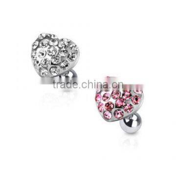 Gem Paved CZ Heart Barbell Cartilage Tragus Piercing