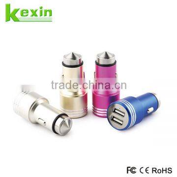 High Quality Aluminum 5V 2.1A Dual USB Car Charger, Emergency Hammer Mini USB Car Charger