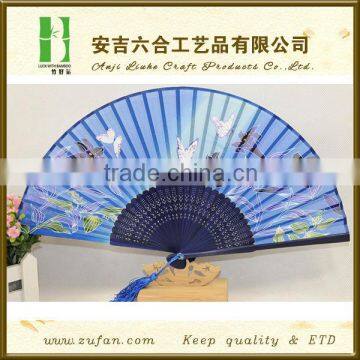 blue OEM customerized silk bamboo fan with flowers,business gift fan,Japanese fan