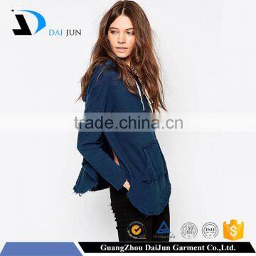 Daijun high quality no logo drawstring navyblue pullover 100 % cotton furcal hem fashion women vintage hoodies wholesale