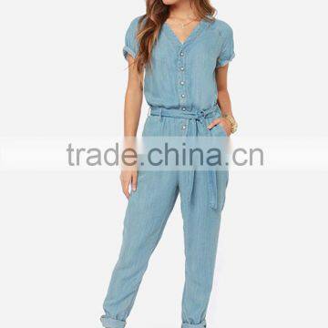 Women Sky Blue Belted Short Sleeve Slim Fit Jumpsuit Romper photo-5