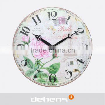 DEHENG mdf wall clock,vintage round clock, round rose art clock