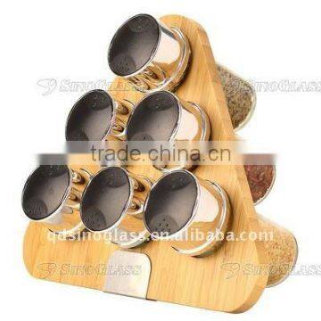 SINOGLASS trade assurance Elemental Kitchen 6 pcs glass spice jars bamboo rack spice jars set