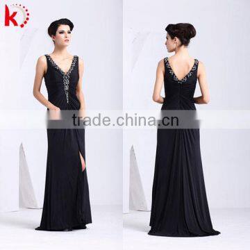 Sleeveless sexy backless v-neck beaded open leg black spandex cotton maxi evening dresses for women kt1049