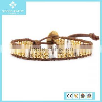 Fashion Golden Shadow and Nugget Single Wrap Beaded Bracelet on Natural Brown Leather for Men